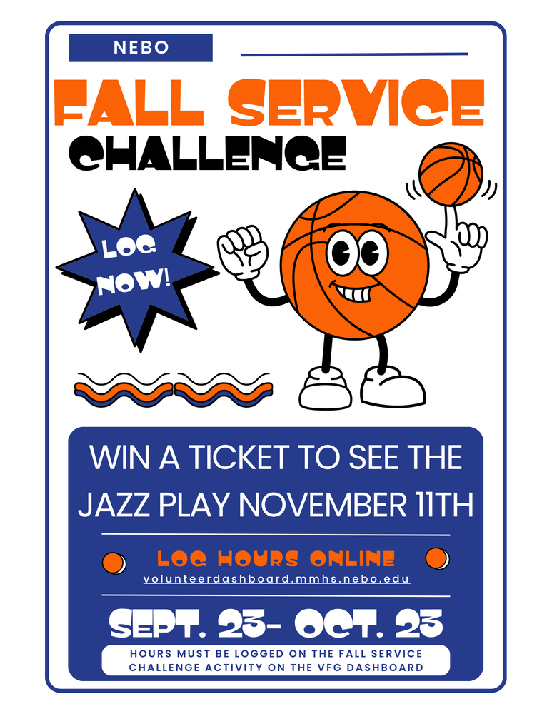 Promotional flyer for the Nebo Fall Service Challenge. The design features a cartoon basketball character spinning a basketball and a “Log Now!” starburst. Text announces a chance to win a ticket to see “The Jazz Play” on November 11th by logging service hours online at volunteerdashboard.mmhs.nebo.edu. The challenge runs September 23 through October 23, and hours must be logged for the Fall Service Challenge activity on the VFG Dashboard.