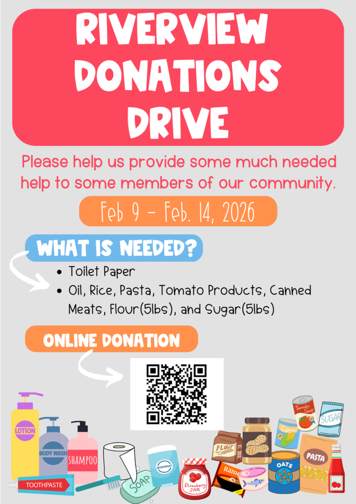Pictured is food, a QR code and wording about the Riverview donation drive