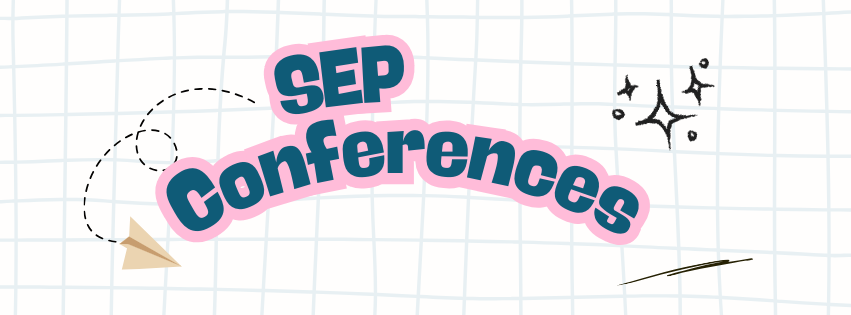 SEP Conferences in blue font with pink back ground; paper airplane, stars in the right corner 
