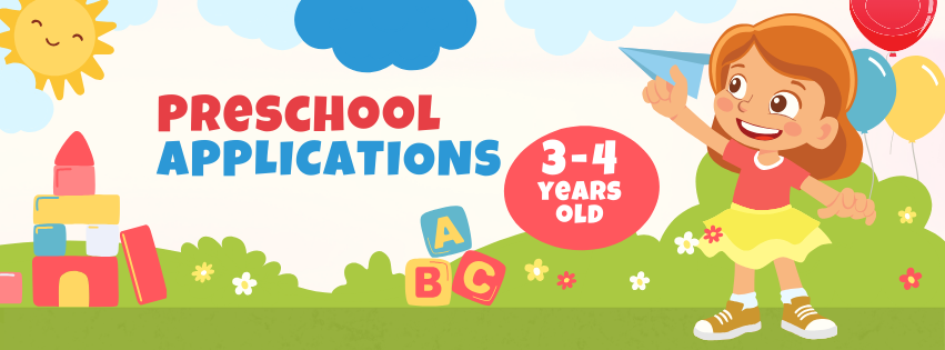 child playing outside with blocks, balloons, paper airplane with the words "preschool applications"