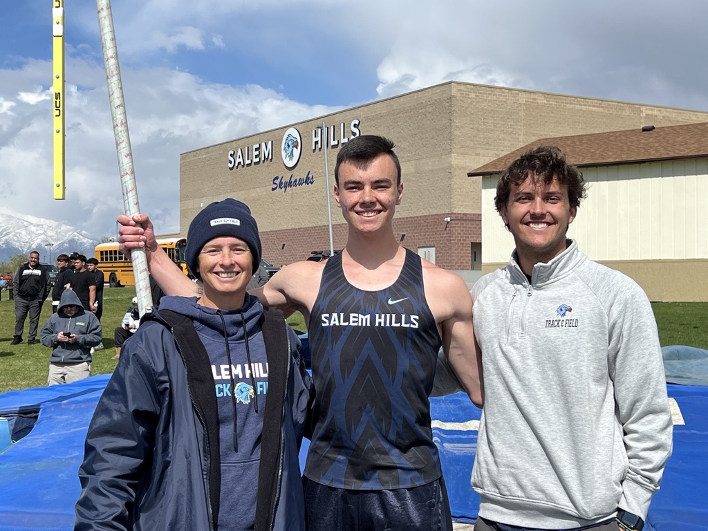 JAY STEED BREAKS SCHOOL POLE VAULT RECORD- STANDING WITH COACH AND TEAMMATE