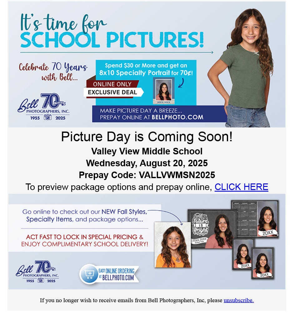 Flyer for VVMS  school pictures on August 20, 2025
