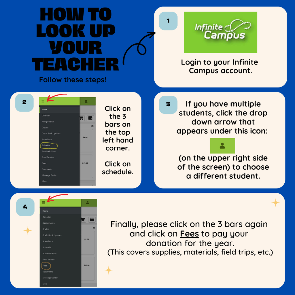 Steps for seeing your teacher assignment on Infinite Campus on August 5th.