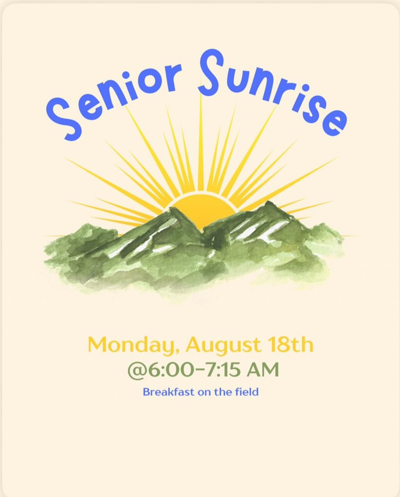 Senior sunrise 2025 flyer mountains with. sun rising behind them.