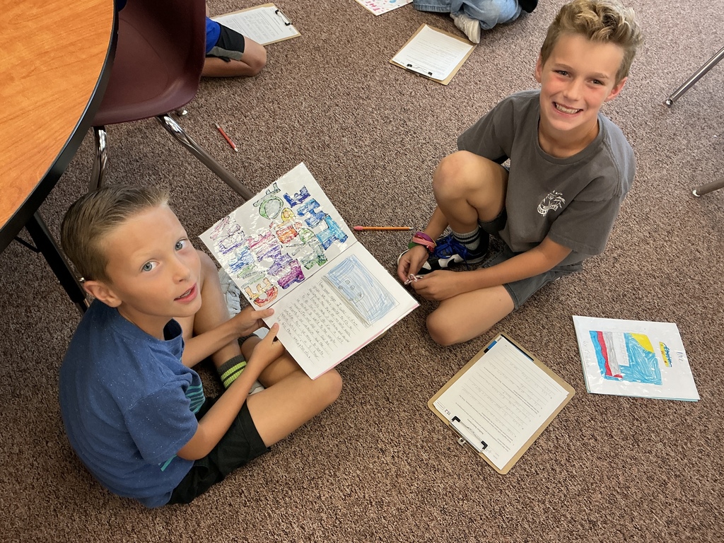 Students reading their story to a partner.