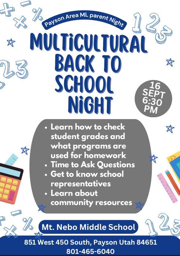 Multicultural Back to School Night. Tuesday Sept. 16th at 6:30pm at Mt. Nebo