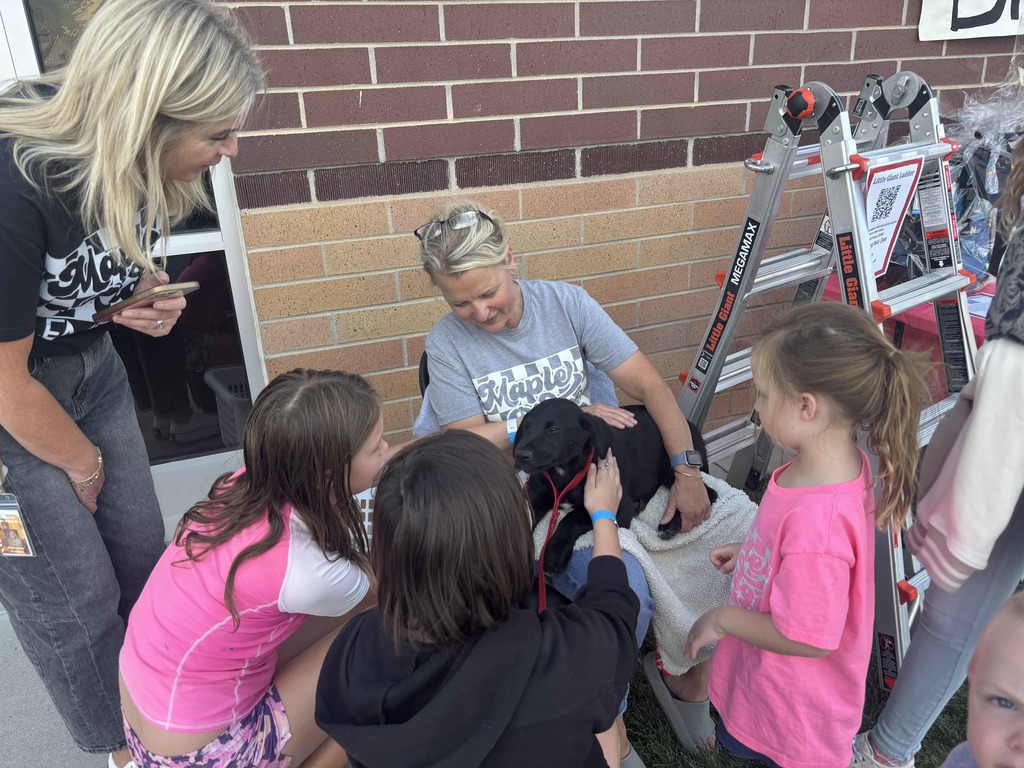 Students looking at a puppy that came with one of the baskets.
