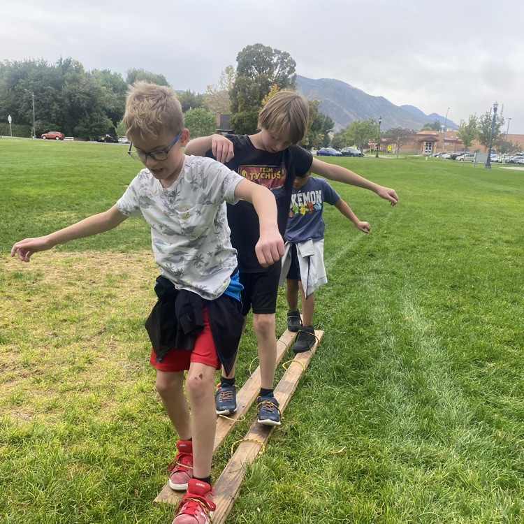 a group of boys showing teamwork by walking on pieces of wood