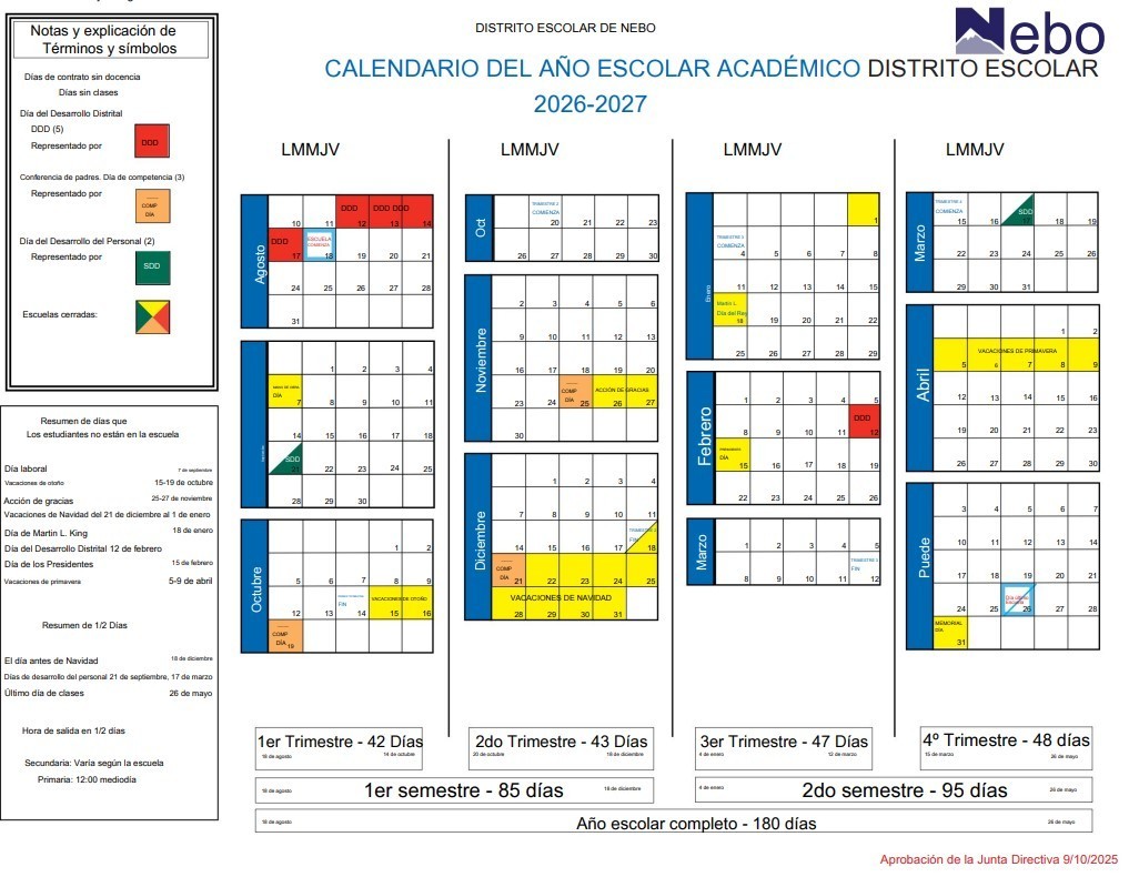 2026-2027 School Calendar Espanol