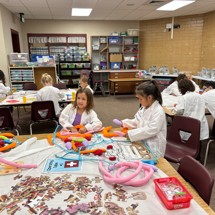 two kids in doctor coats playing with play organs