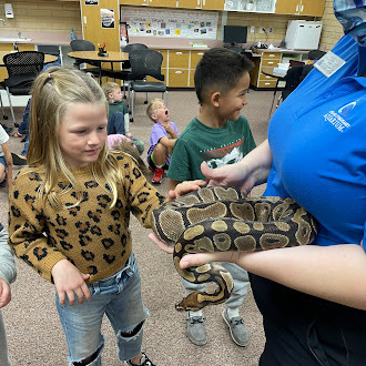 2nd grade students touching a snake