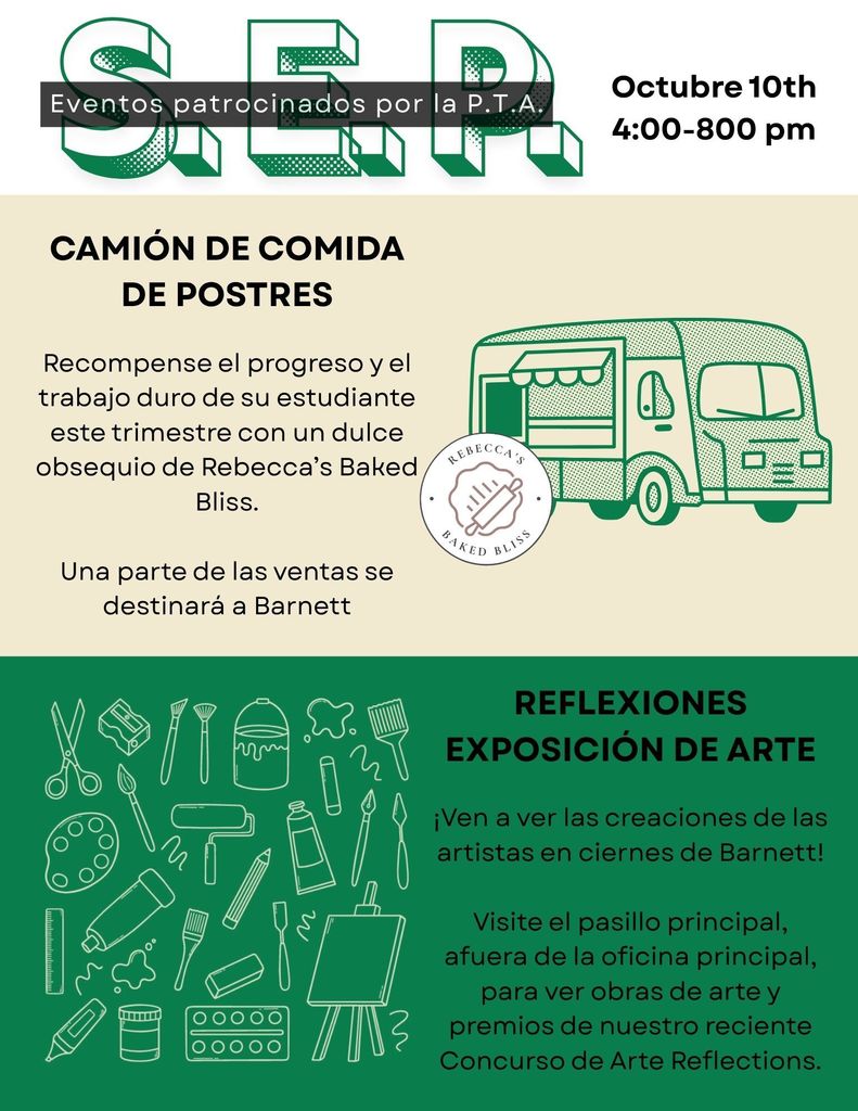 Dessert Food Truck at SEP's.  Reward your student with sweet treats.  A portion of sales will go to Barnett. 