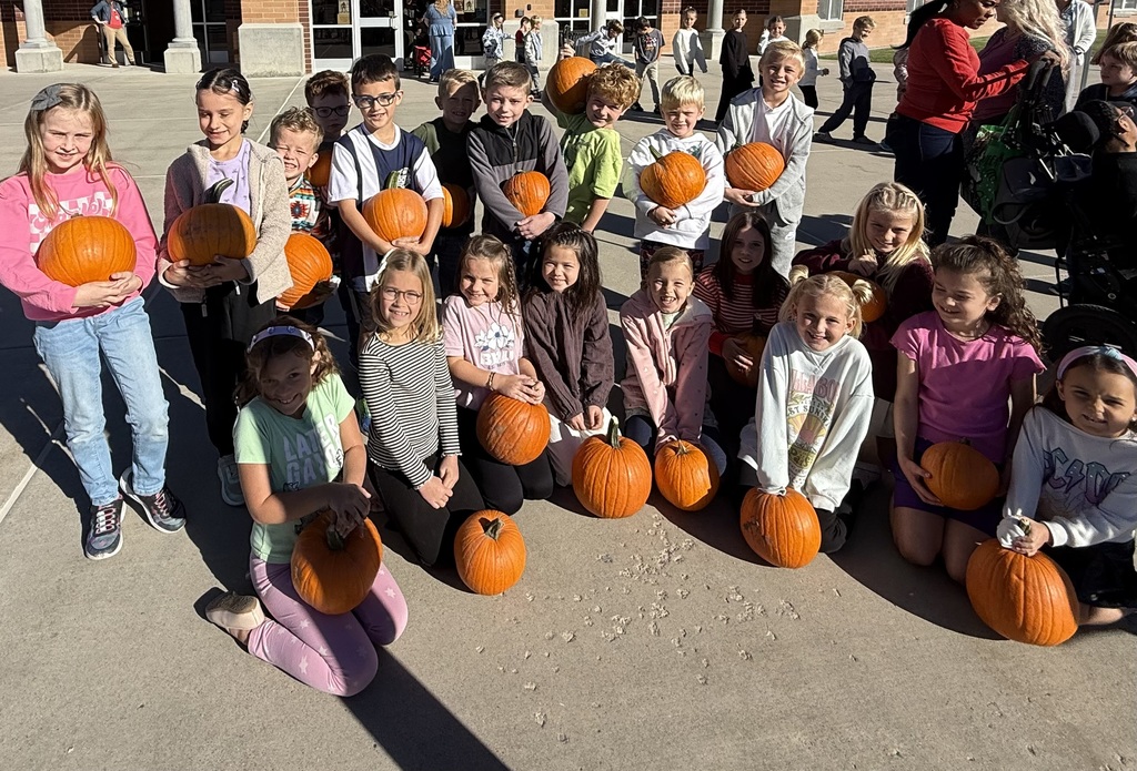 A second grade class with their pumpkins.
