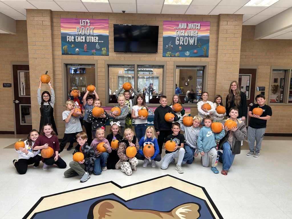 A 4th grade class with their pumpkins.