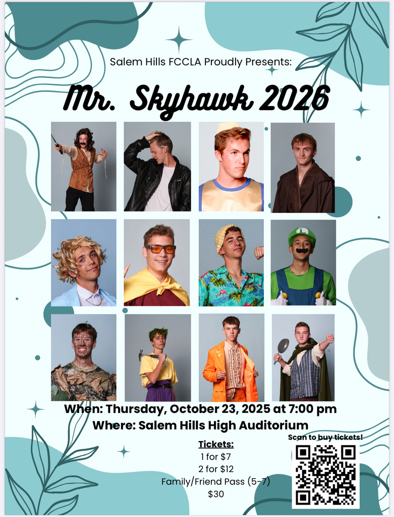 Mr. Skyhawk competition, October 23rd, 7 pm Admission, $7 for 1, $12 for 2, Family pass for $30