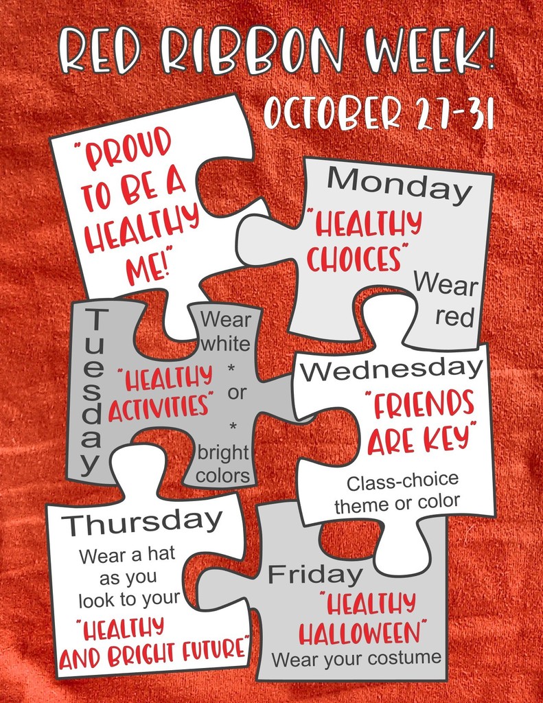 Puzzle pieces over a red background. The puzzle pieces describe Red Ribbon Week daily themes about making healthy choices.