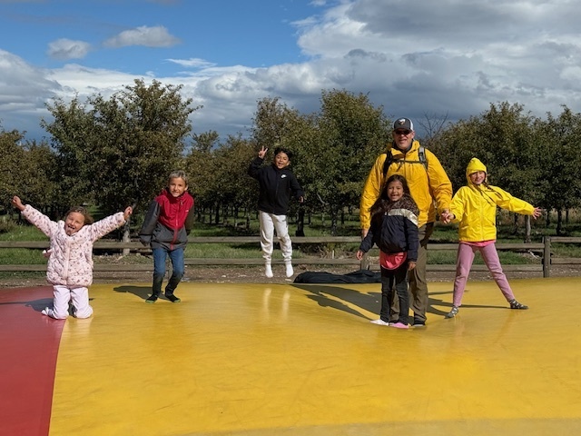 5 children and 1 adult smiling while jumping on the jumping pillow