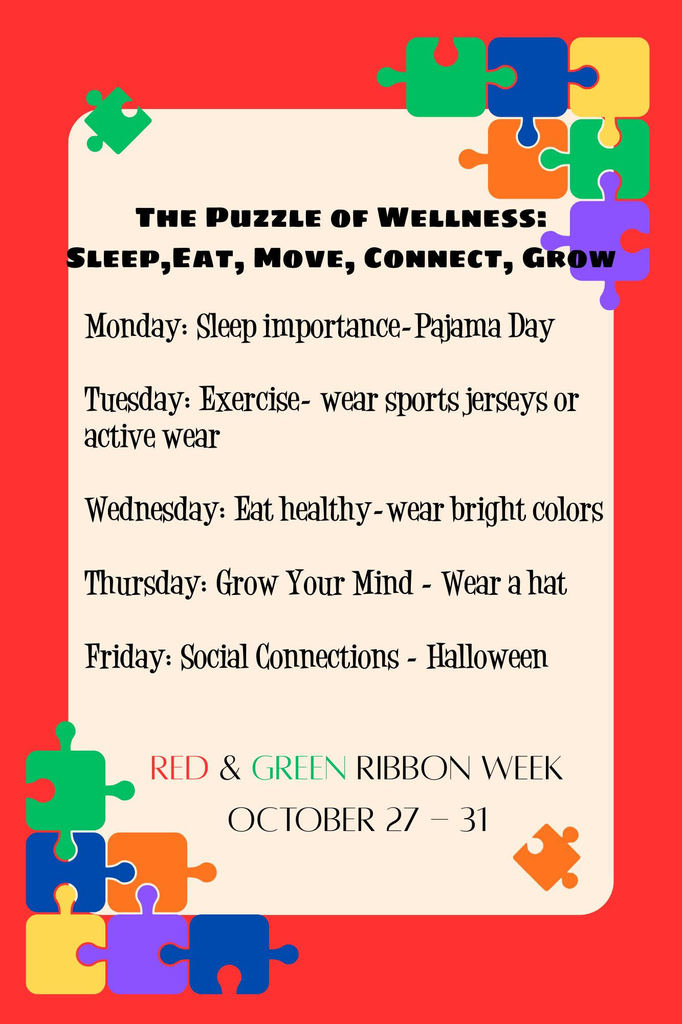 Red boarder with puzzles pieces around the edges. 