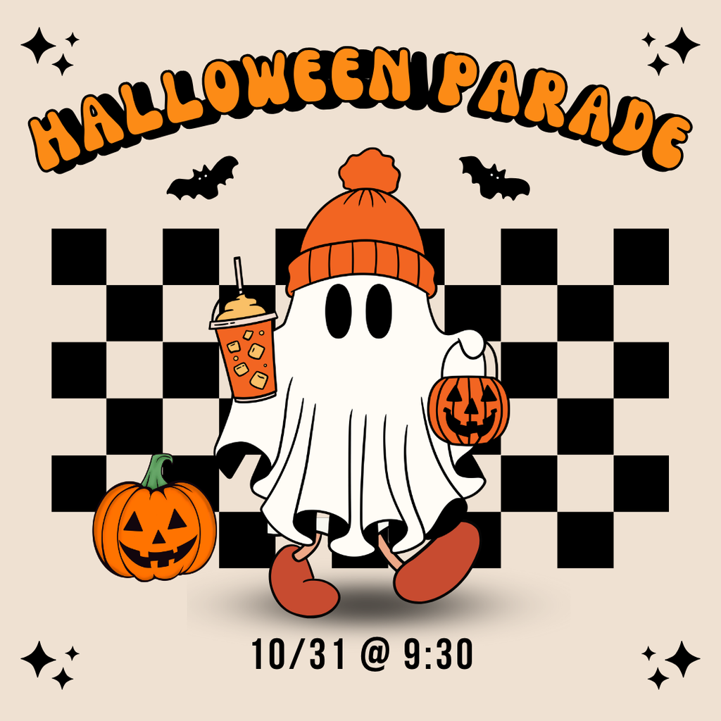 ghost trick or treating with checkered background