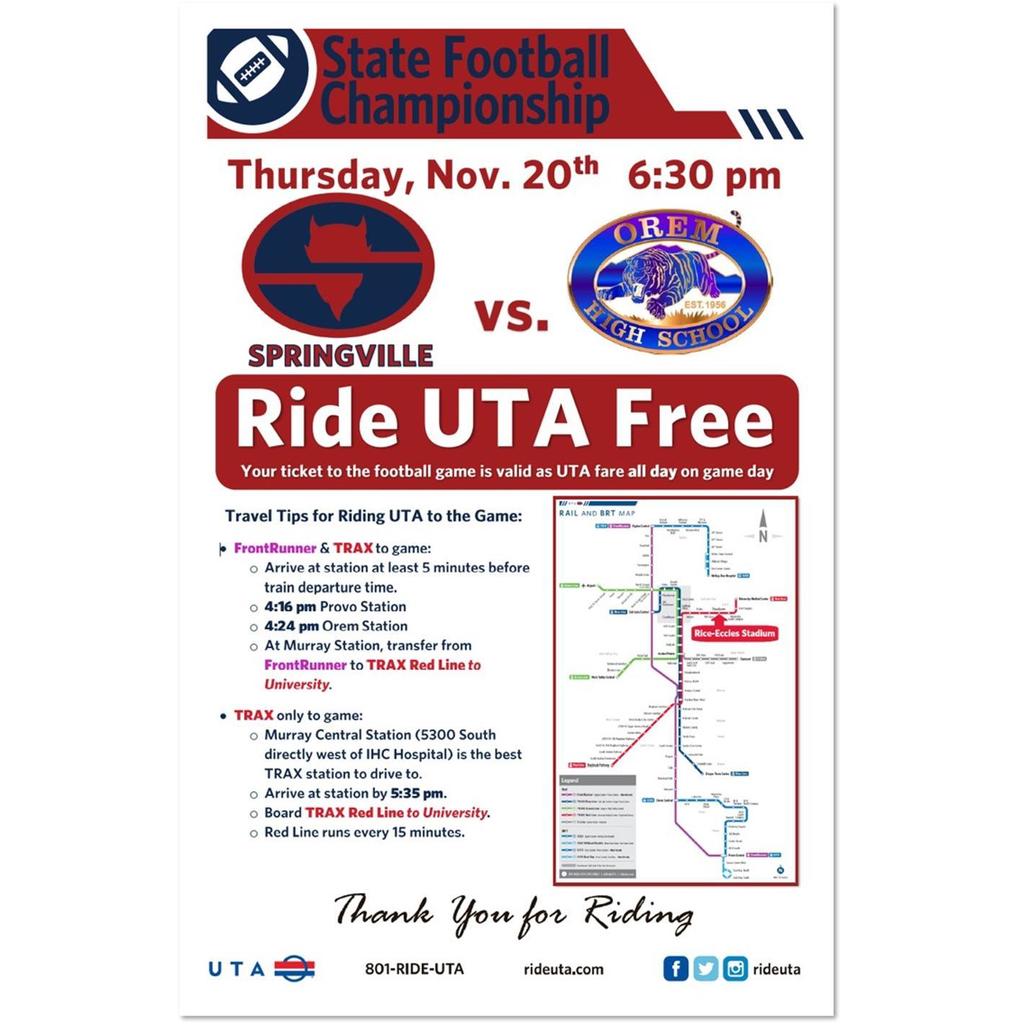 Ride UTA for free to the state championship game.