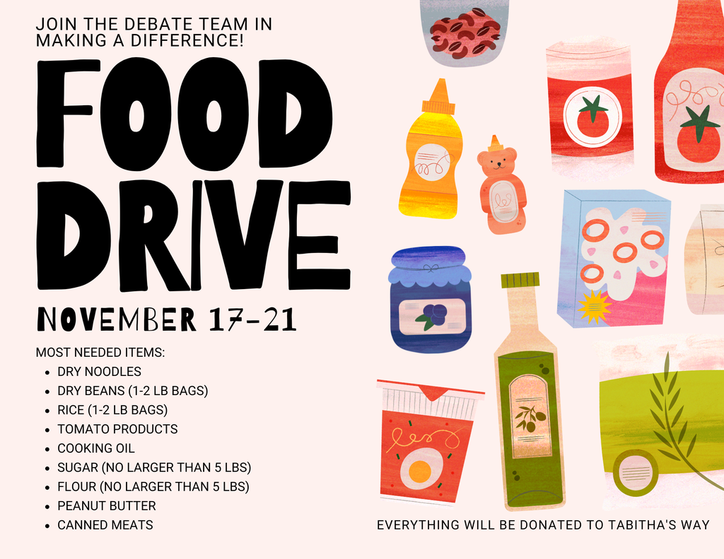 Debate Food Drive- donations go to Tabitha's Way, Picture of food items. 