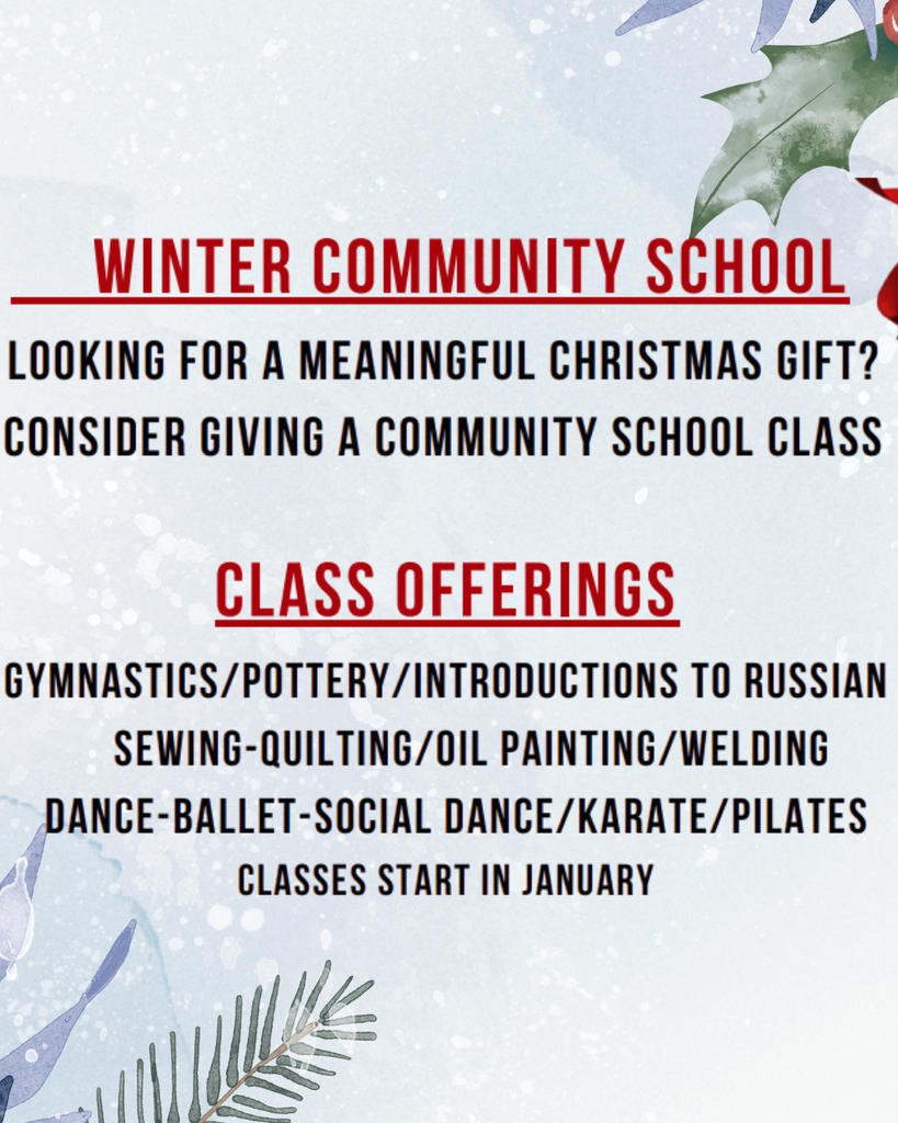 Class Offerings include gymnastics, pottery, Russian, Sewing, Painting, Welding, dance, Karate, Pilates, and more! 
