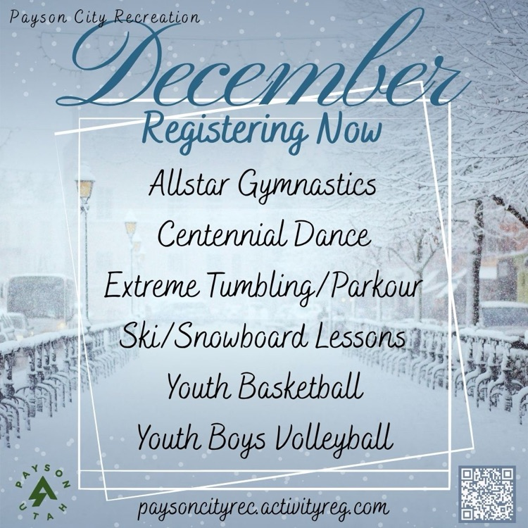 winter theme - December Payson Rec Registration- allstar gymnastics, centennial dance, extreme tumbling/parkour, ski/snowboard lessons, youth basketball, youth boys volleyball