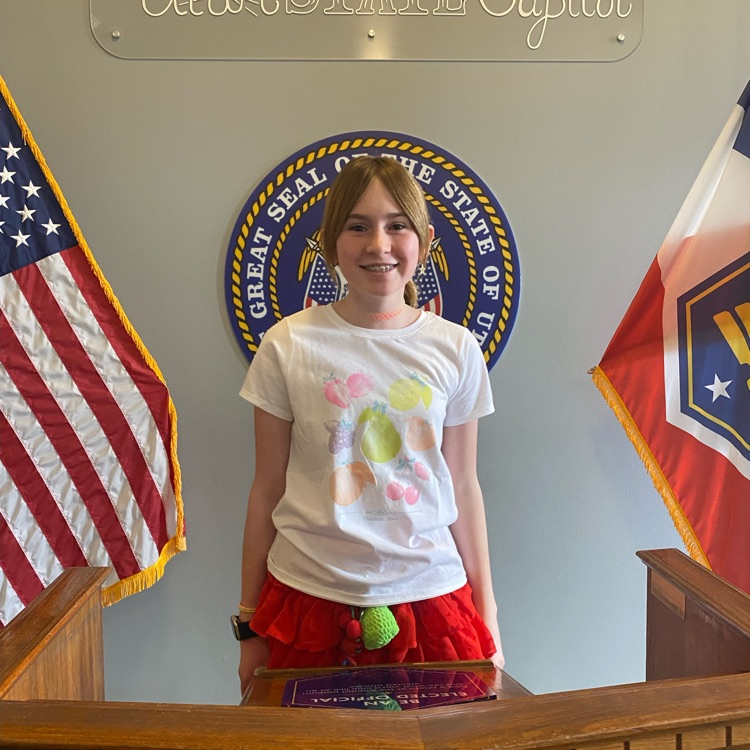 a student standing behind a podium with flags on either side 