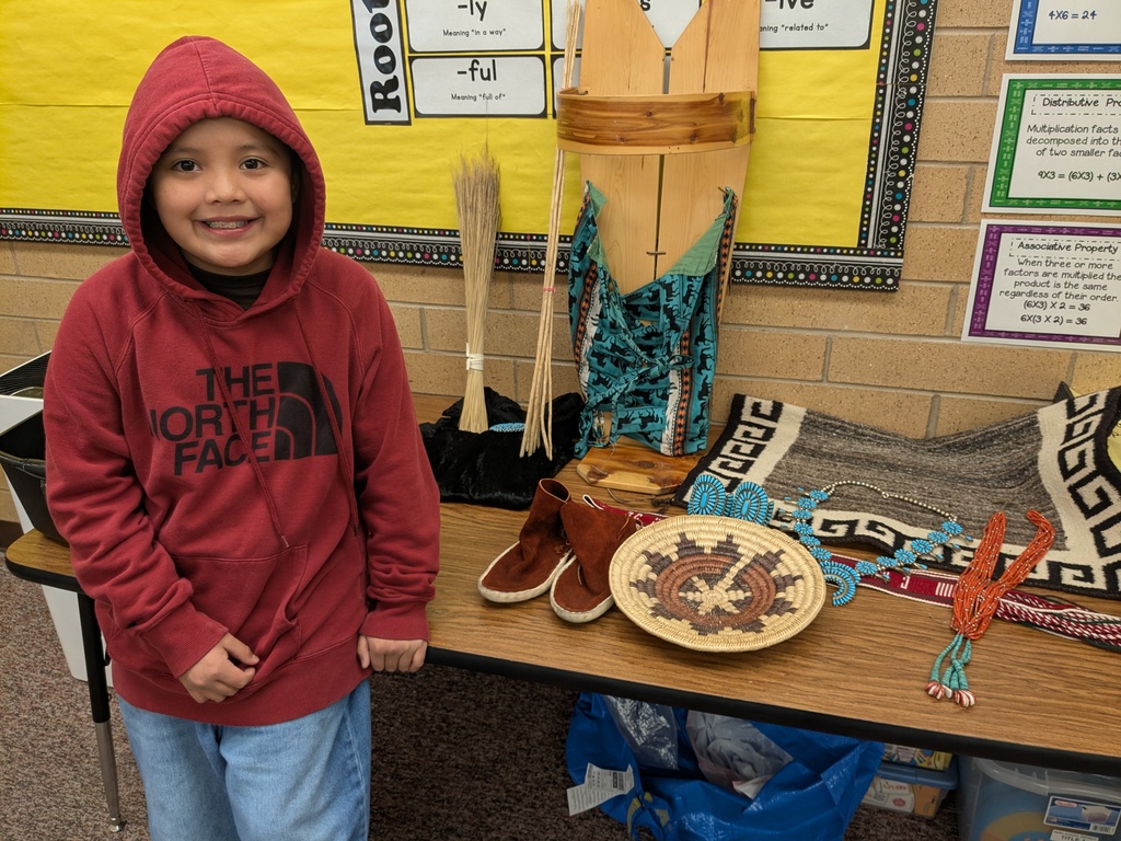 3rd grade students had the opportunity to learn about different Native American groups. Tanner Stevens, who is Navajo, was excited to share his heritage with the class. Students will continue learning about various Native American tribes through our CKLA program.