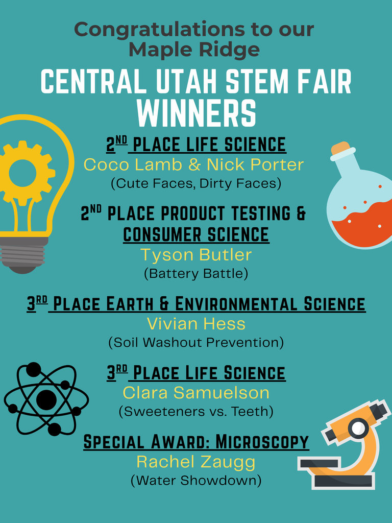 Central Utah STEM Science Fair Winners: Coco Lamb & Nick Porter, Tyson Butler, Vivian Hess, Clara Samuelson, Rachel Zaugg