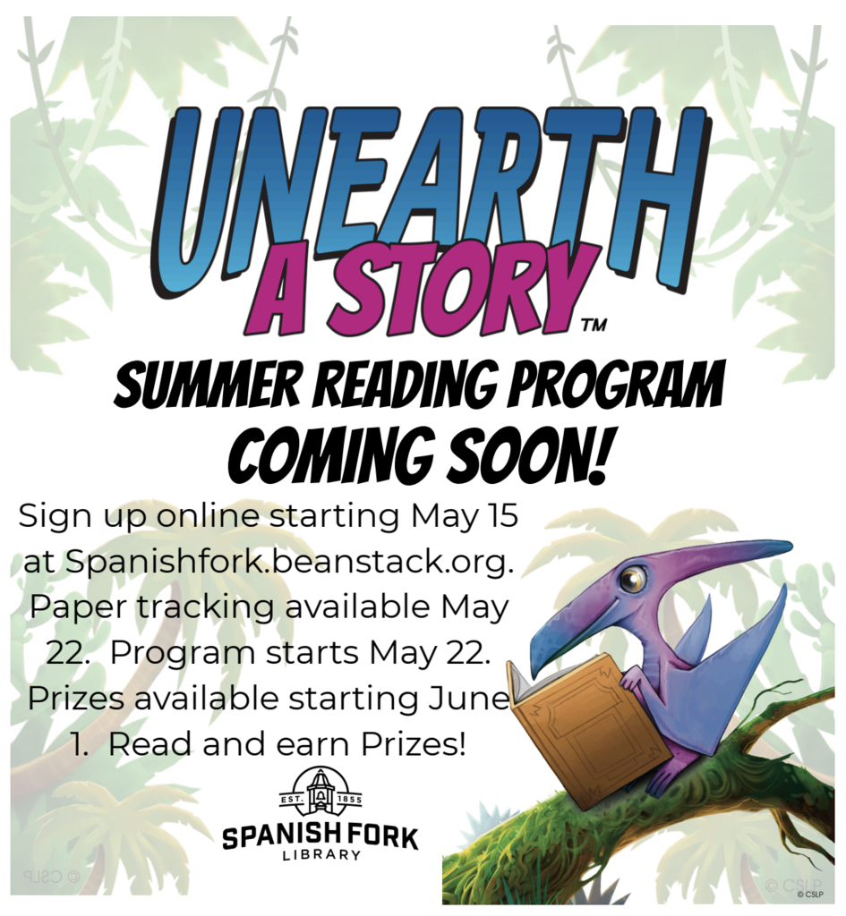 Spanish Fork Library Summer Reading Program. Sign up starting May 15 at spanishfork.beanstack.org