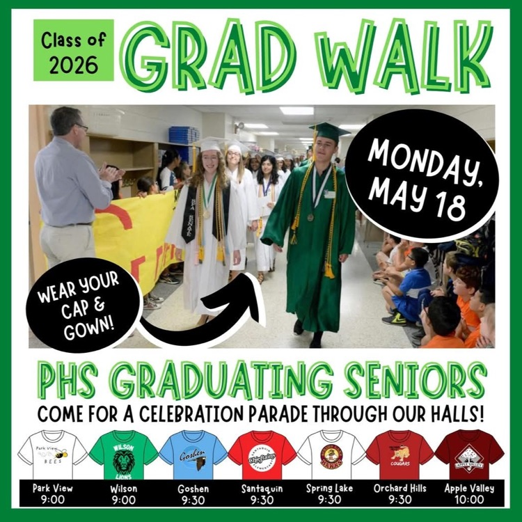 graduates walking down the hall surrounded by kids. the PHS grad walk will be on Monday at 9:30 AM