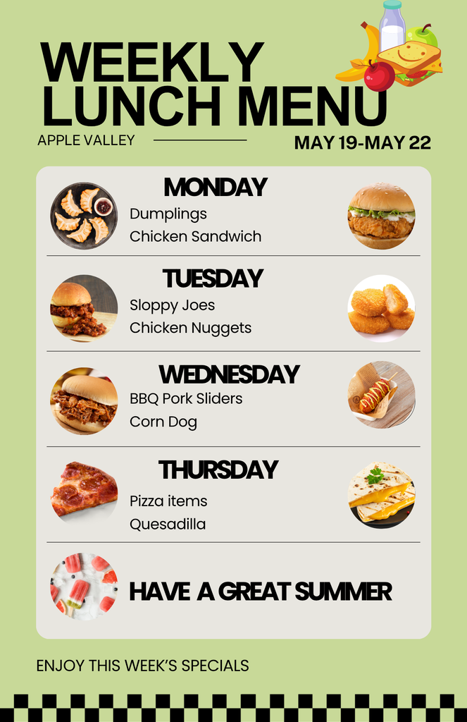 Lunch menu for last week of school