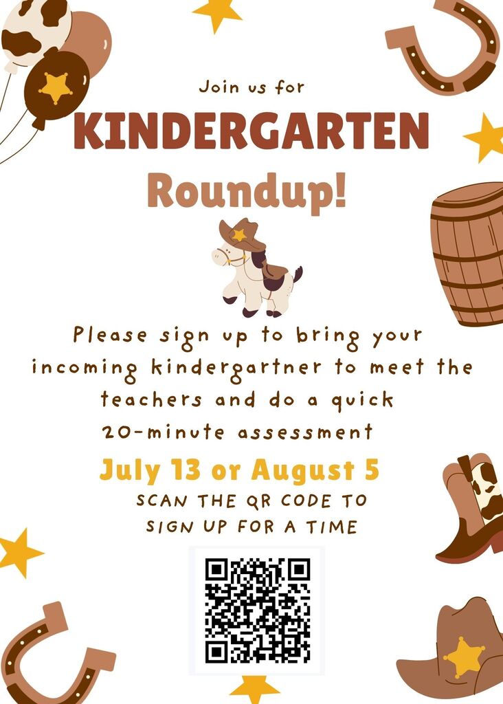 Spring Lake is holding a kindergarten roundup to assess new kindergartners. There is a QR code to scan, or go to this website to sign up https://www.signupgenius.com/go/20F0D4FABAF23A3FB6-48287202-kindergarten#/