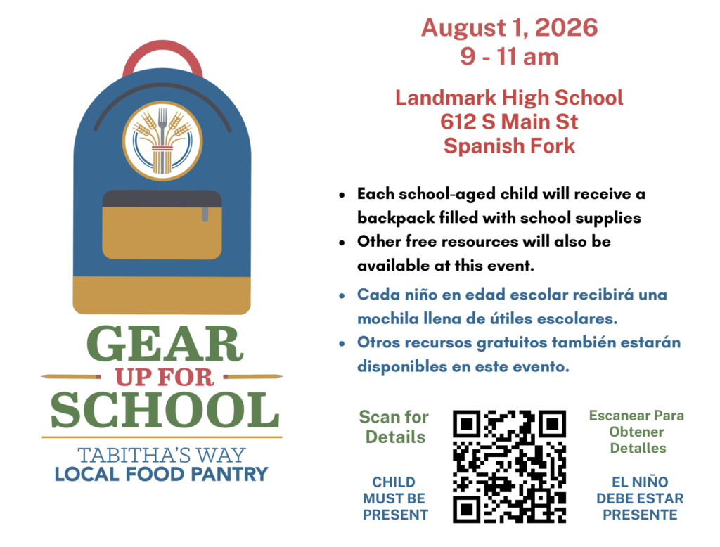 Information about the Gear Up For School Event hosted by Tabitha's Way. School-aged children can receive a backpack filled with supplies at Landmark High School on August 1 from 9-11 AM