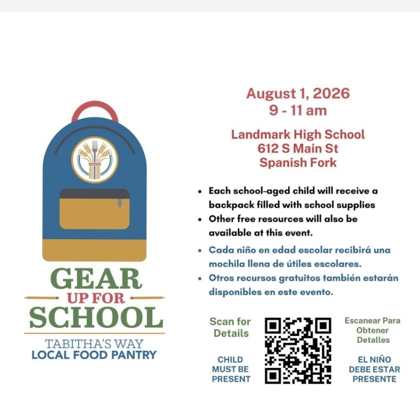 gear up for school free backpack with school supplies event August 1st 9am-11am @ landmark high school in spanish fork utah 