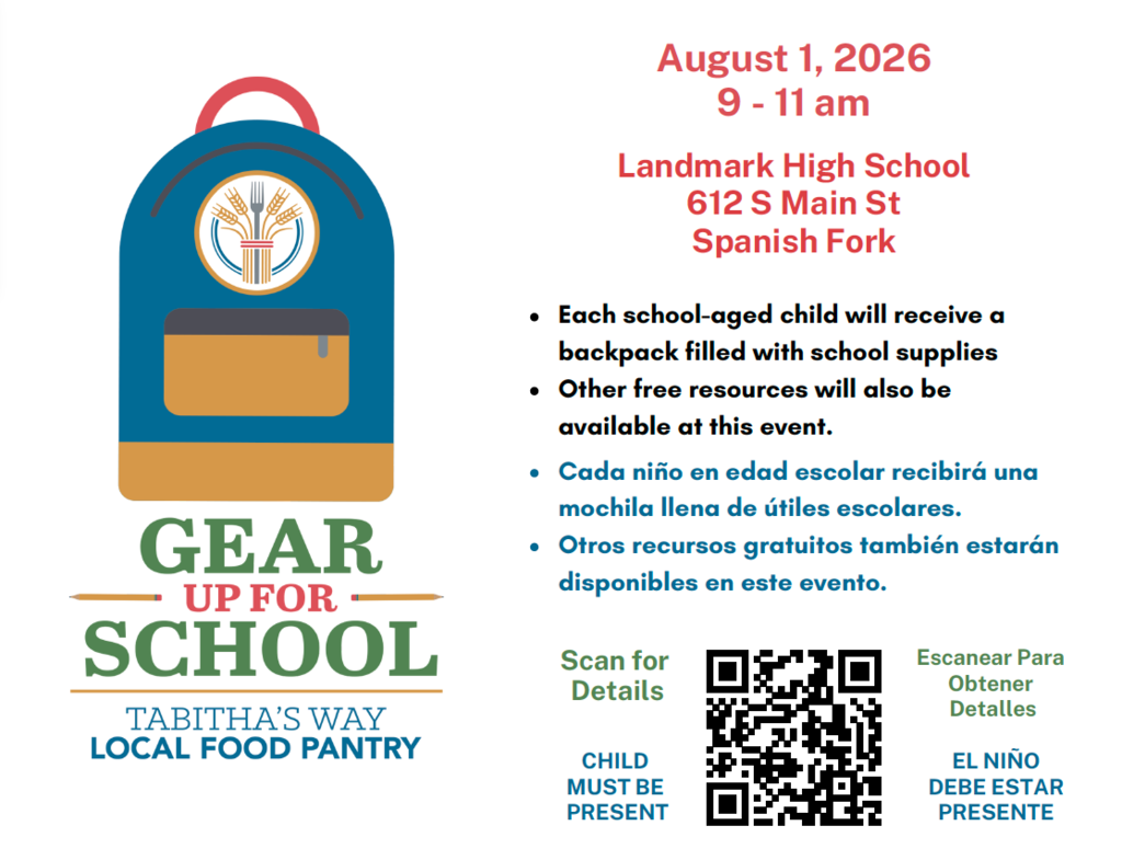 A flyer for Tabitha's Way Gear up For School Event with QR code