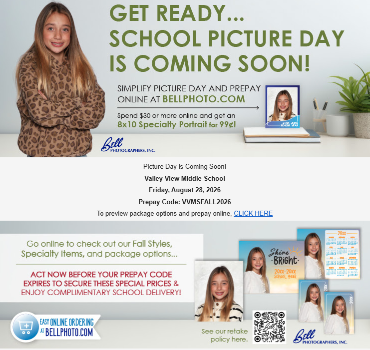 VVMS School Picture Day is Friday, Aug. 28, 2026.