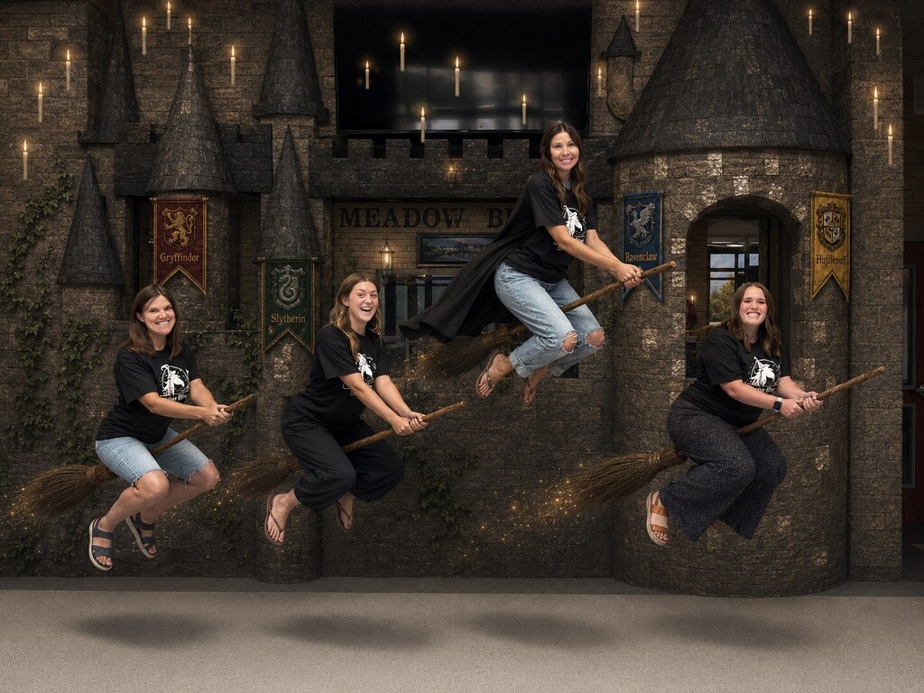 photo of wellness room team on brooms flying in the air 