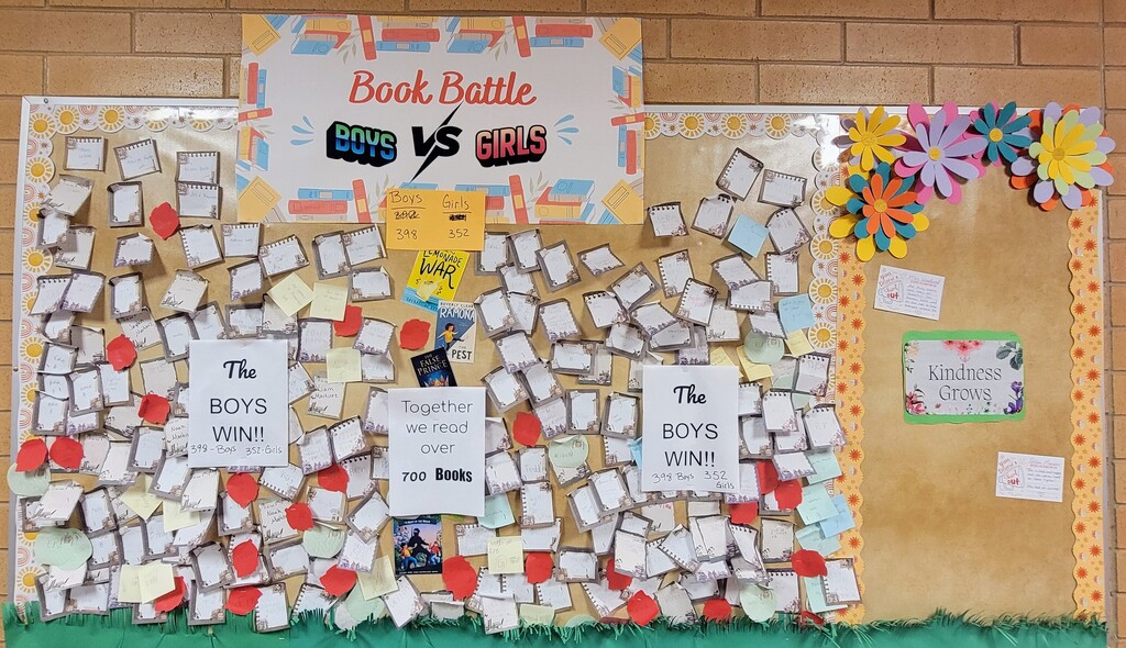 A bulletin board with sticky notes covering it, each one has a book a student read