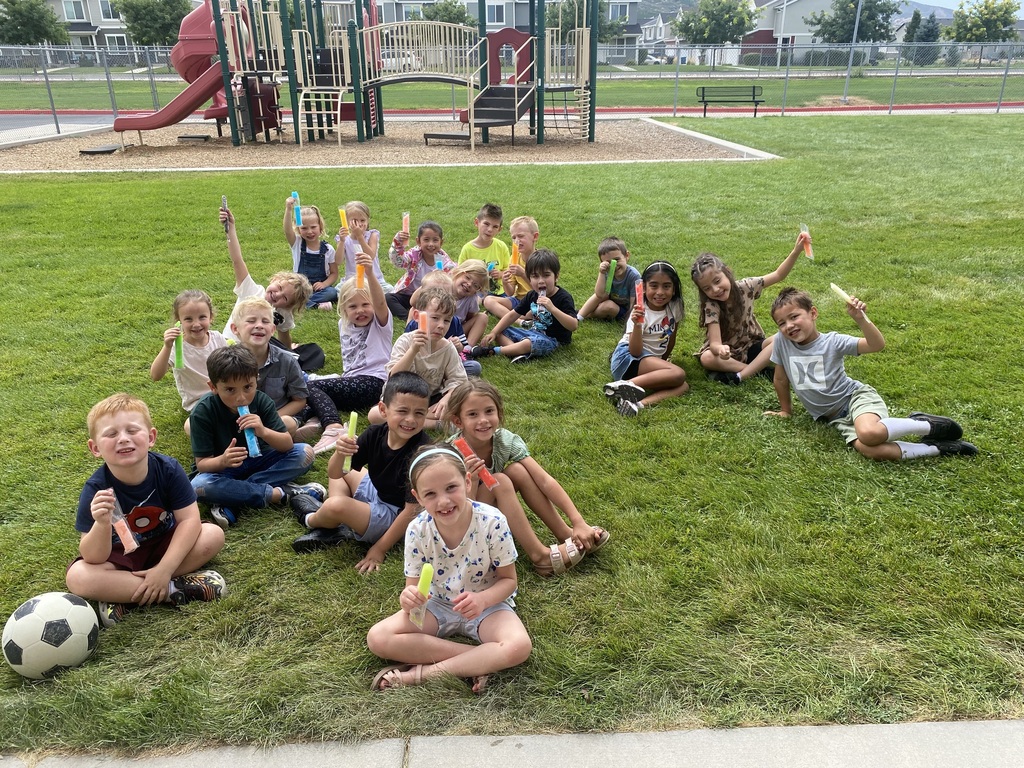 Ms. Johnson's class eating popsicles on the grass