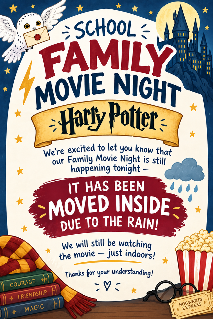 Movie night update- still happening tonight but will now be indoors