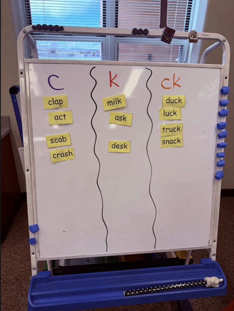 photo of whiteboard with letters & words on it 