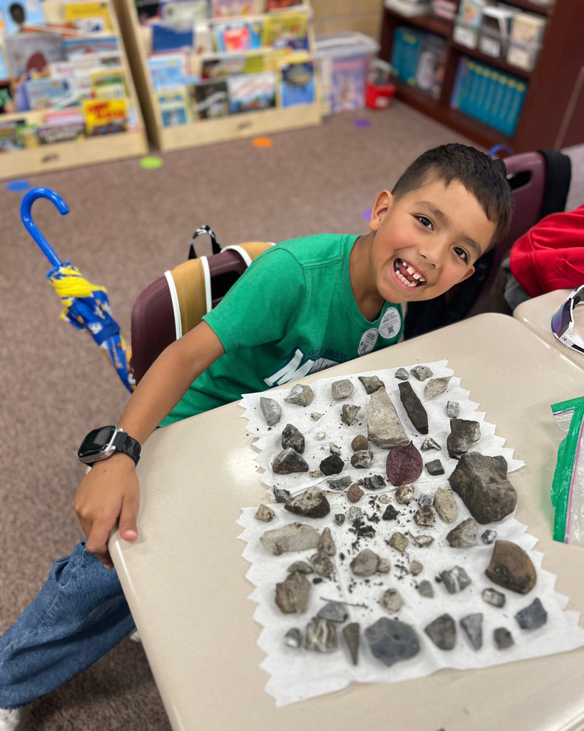 student posing with collected rocks in the classroom 