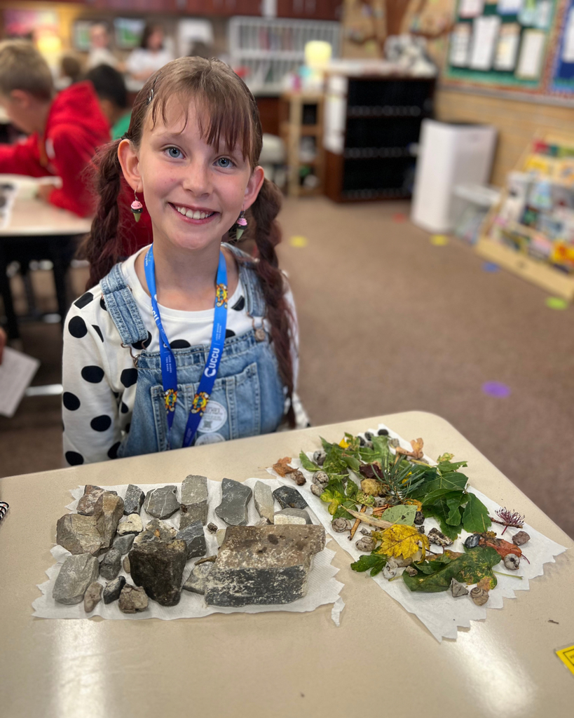 student posing with collected rocks in the classroom 