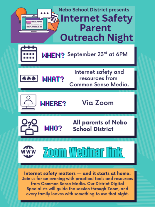 Internet Safety Parent Outreach Night: Sept 23 6 PM; Zoom; all parents of NSD students are invited