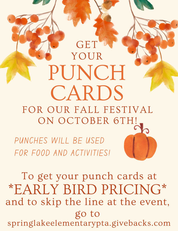 Fall leaves and an orange pumpkin with the words "get your punch cards for our fall festival on october 6th! Punches will be used for food and activities!"