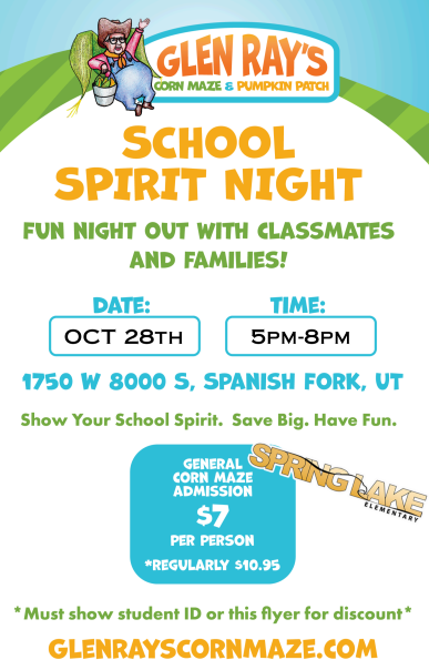 Spirit night - Oct 28, 5-8 PM; Glen Ray's; general admission $7