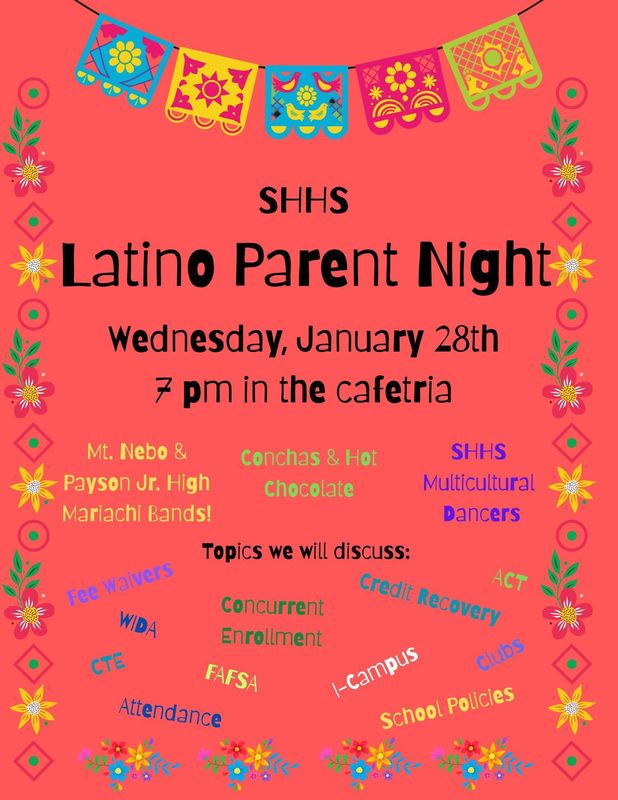 Latino Parent Night January 28th from 7-9 pm in the SHHS cafeteria!- English  version