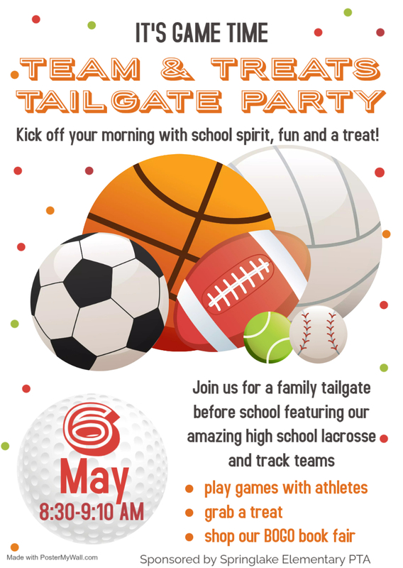 Family tailgate party May 6 8:30-9:10 AM; play games with athletes, grab a treat, shop at the book fair